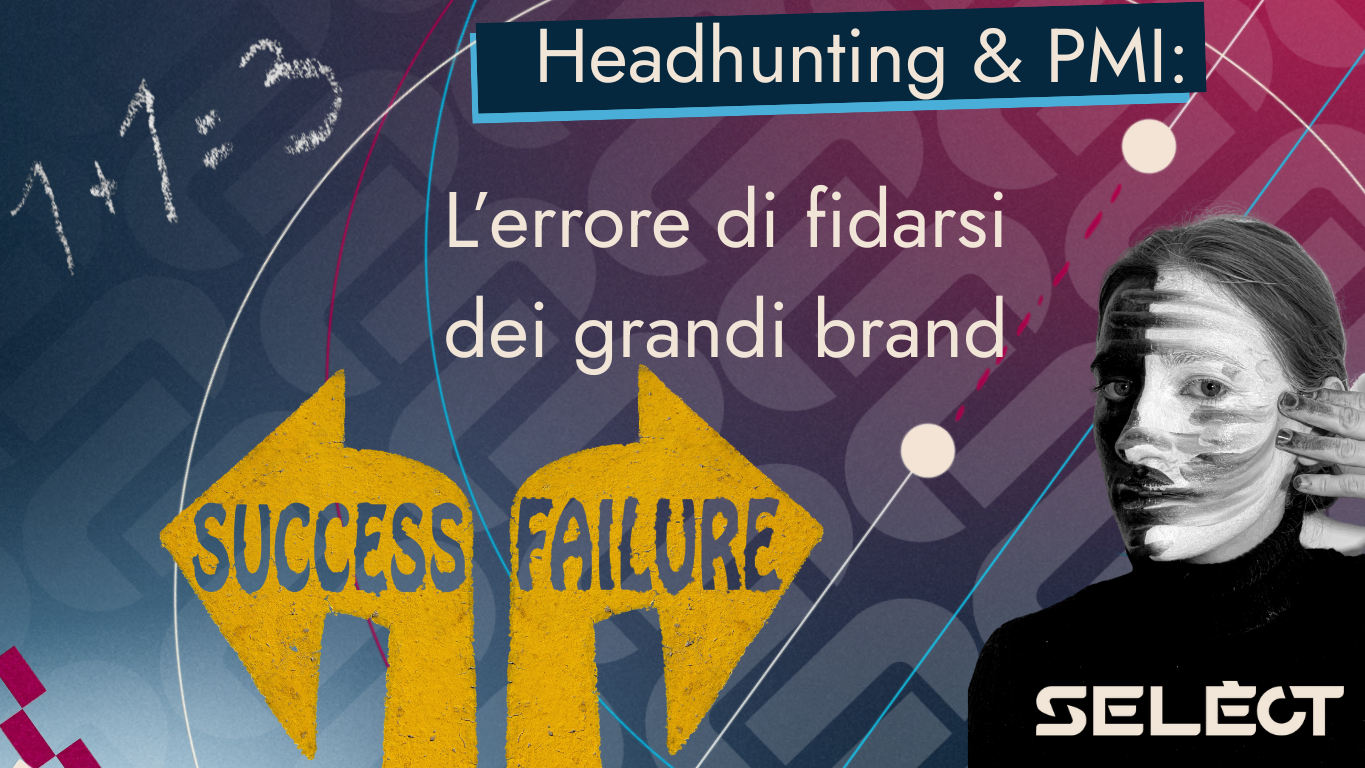 Headhunting per PMI: rappresentazione visiva dell’errore strategico di affidarsi a grandi brand, con simboli di successo e fallimento e volto umano distorto a simboleggiare l’illusione nella selezione del personale.
